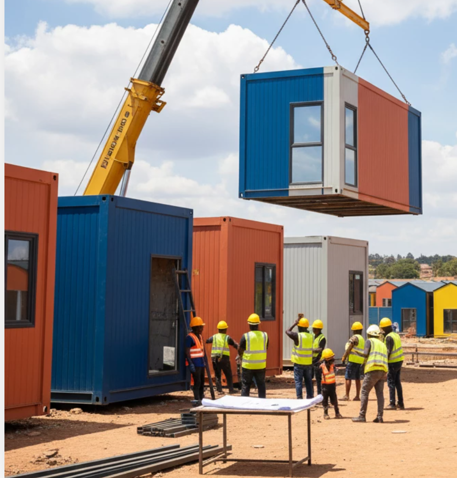 Large scale construction project site with expandable modular houses.