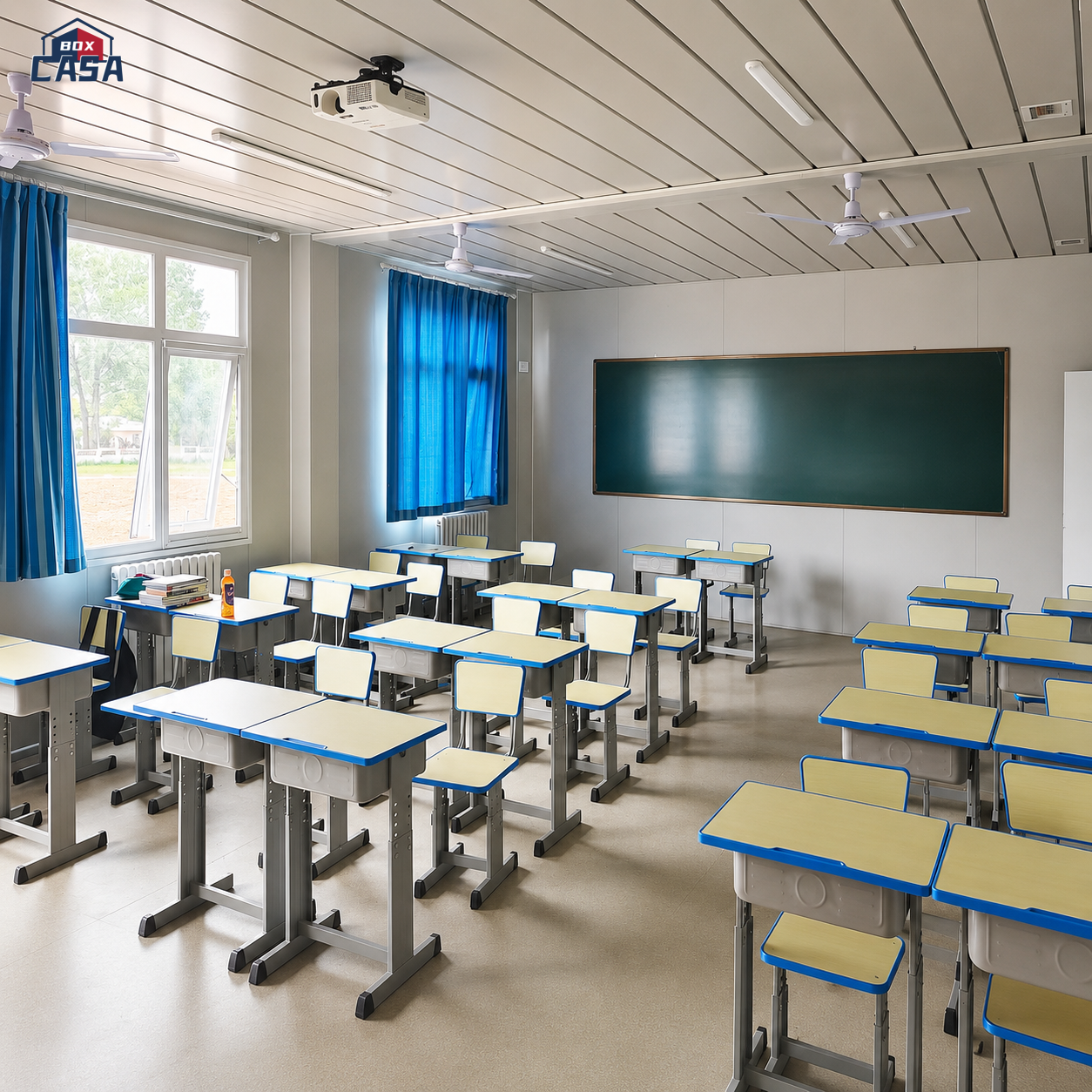 Modular classroom interior with desks, a blackboard, ceiling fans and a projector